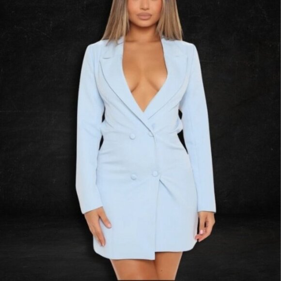 Fashion Nova Haliee Blazer Mini Dress Trench Coat Light Blue M - Picture 1 of 14